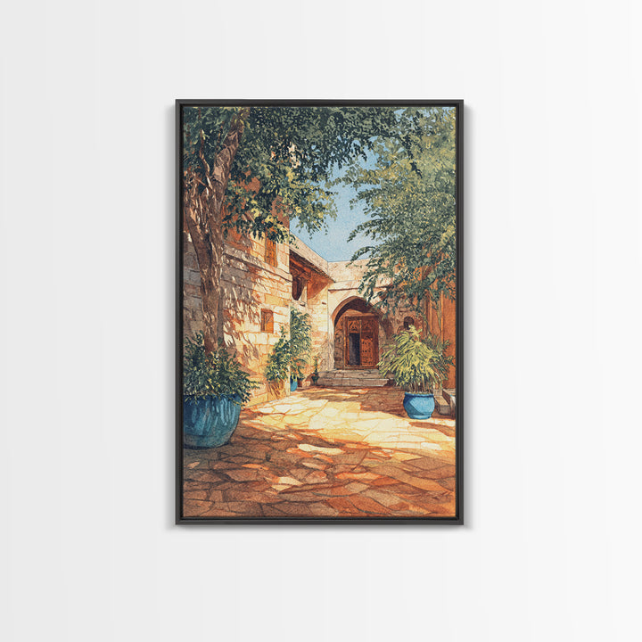 Leafy Stone African Courtyard Canvas Print, Elegant Home Decor, Cultural Wall Decor, Africa Painting, Living Room Decor Gift