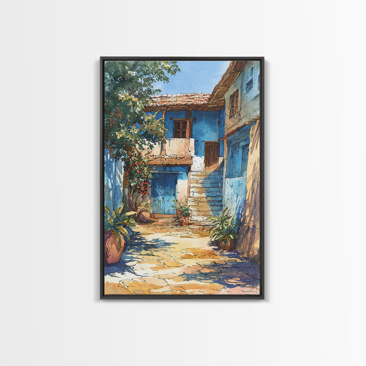 Blue African Village Courtyard Wall Art, Rustic Architecture, Africa Wall Decor, Travel Poster, Boho Home Decor, Unique Canvas