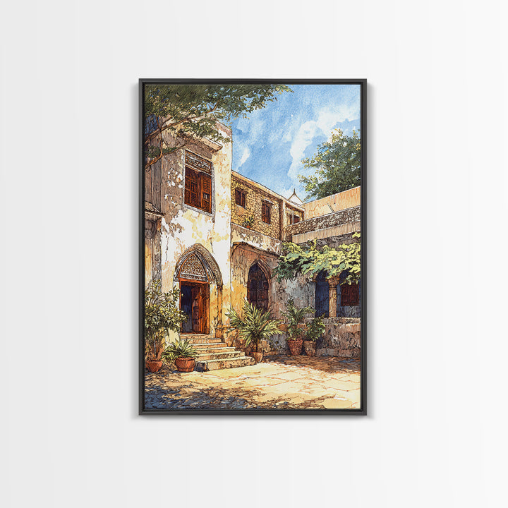 Historic African Stone Courtyard Canvas Print, Carved Door, Africa Painting, Cultural Wall Decor, Travel Poster, Elegant Home Decor