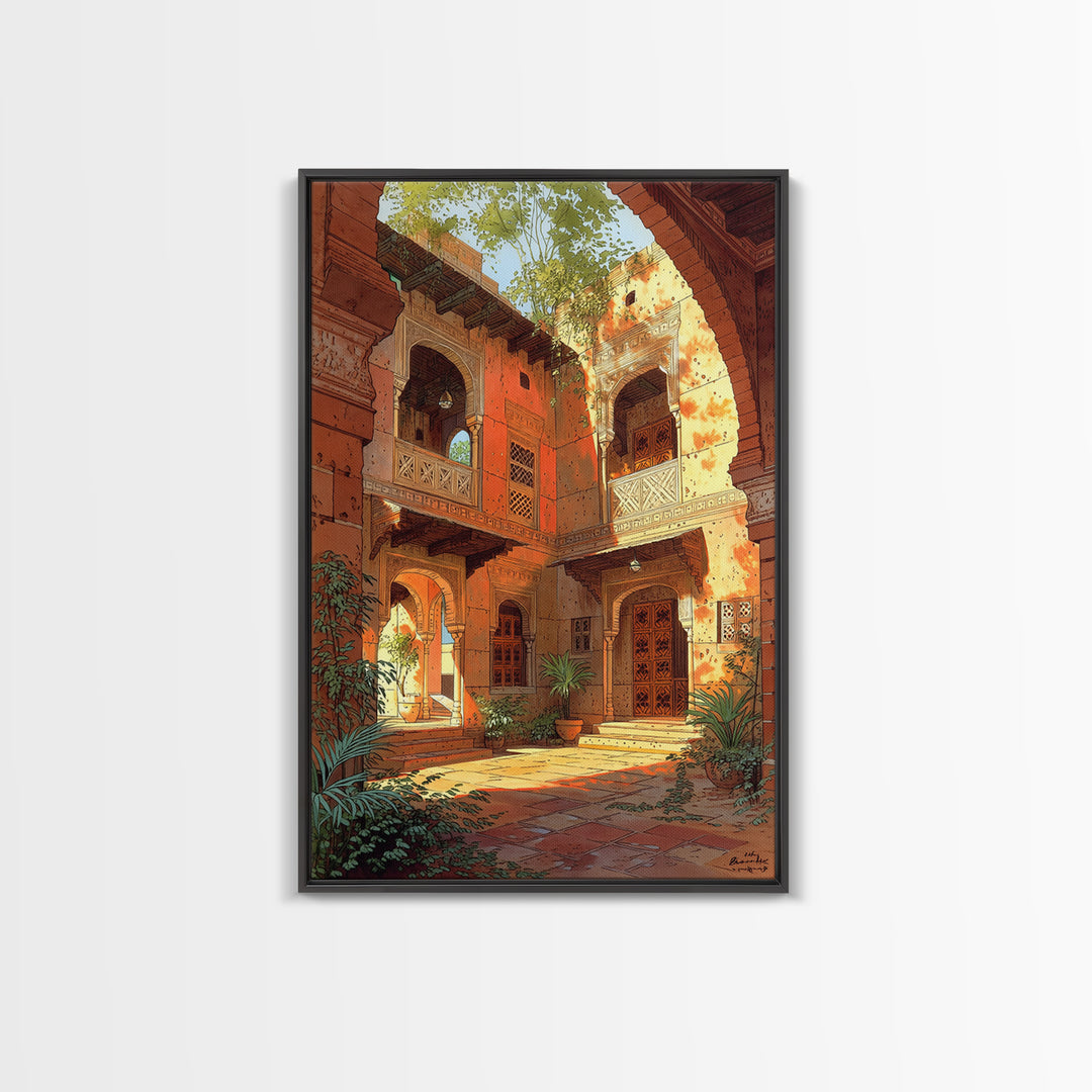 Sunlit Moroccan Courtyard With Arches Wall Art, African Inspired Home Decor, Terracotta Travel Poster, Boho Living Room Print