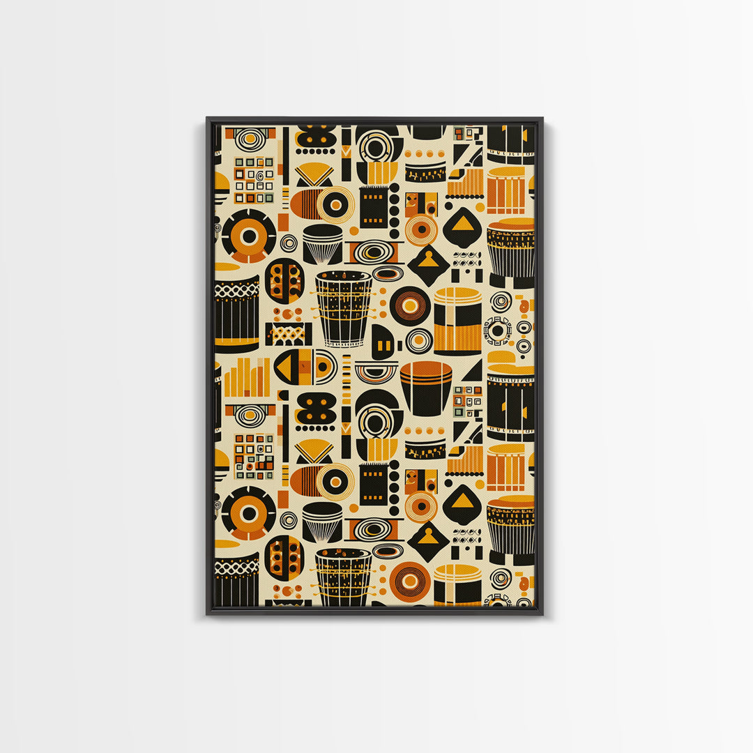 Bold African Drum Pattern Canvas Print, Tribal Textile Art, Orange Black Home Decor, Afrocentric Wall Decor Gift For Music Room