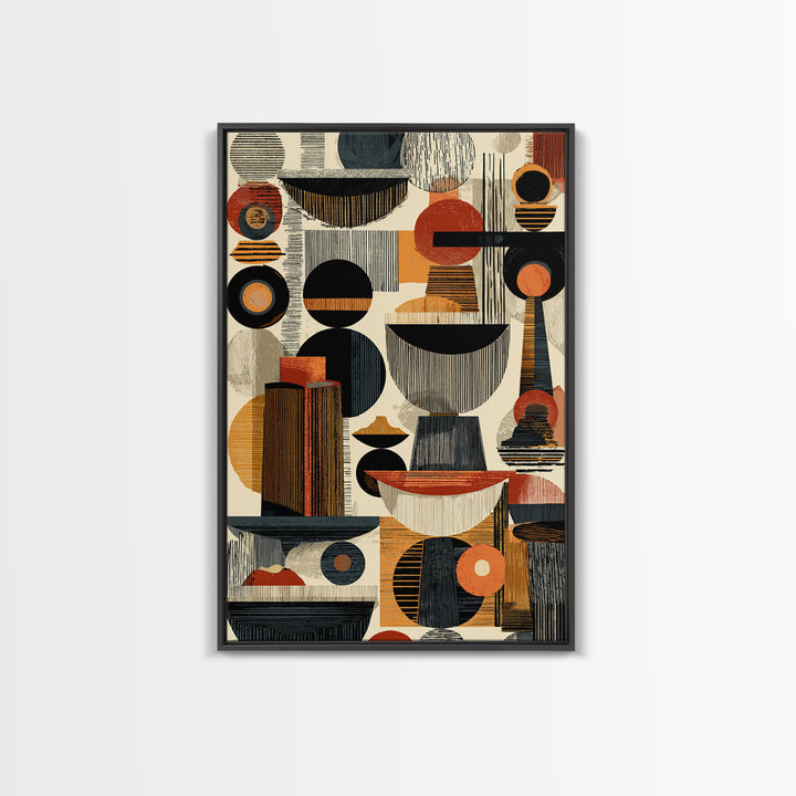 Midcentury African Abstract Shapes Wall Art, Terracotta Black Geometric Canvas Decor, Modern Tribal Home Decor Gift For Office