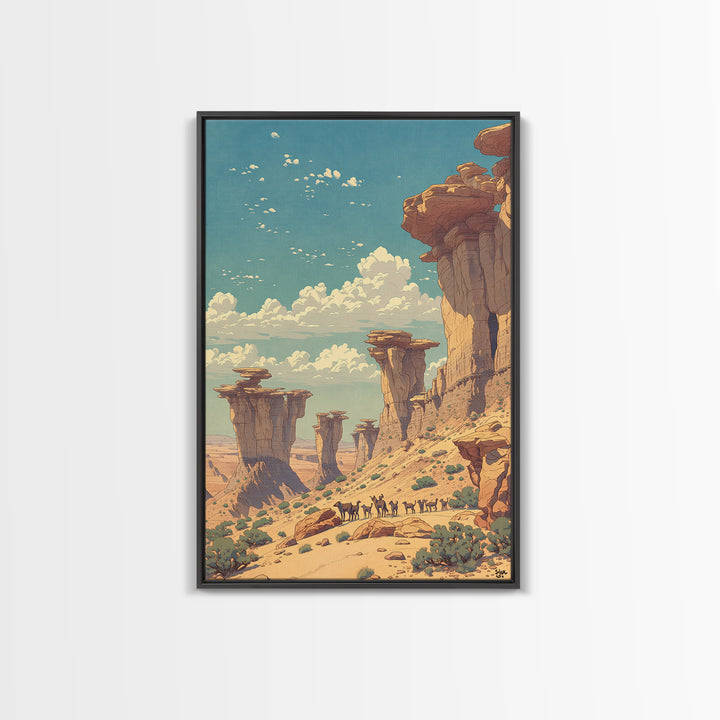 Desert Caravan Rock Pillars Wall Art, African Landscape Travel Poster, Sahara Nature Scene, Warm Boho Home Decor Gift Print