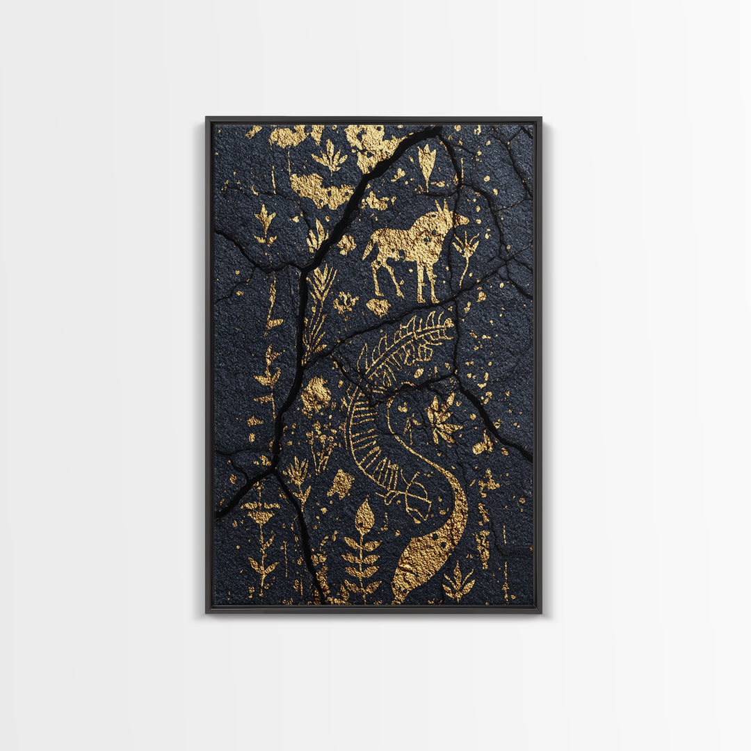 Gold Petroglyph Animals On Cracked Stone Framed Canvas Print, African Tribal Art, African Wall Art, Ethnic Wall Decor, Home Decor