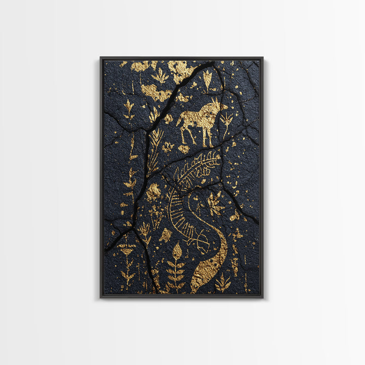 Gold Petroglyph Animals On Cracked Stone Framed Canvas Print, African Tribal Art, African Wall Art, Ethnic Wall Decor, Home Decor
