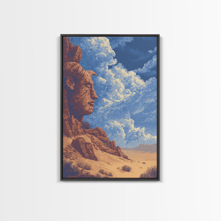 Colossal Ancestral Face In Desert Cliffs Canvas Print, African Culture Art, Tribal Art Decor, Statement Wall Art, Earth Tone Wall Art