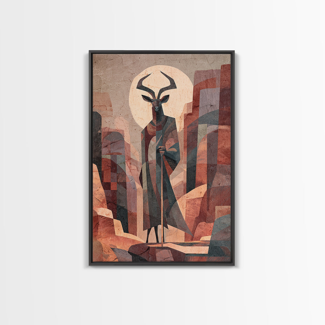 Antelope Mask Spirit In Abstract Cityscape Canvas Print, African Mask Art, Abstract African Art, Afrocentric Wall Art, Bold Decor