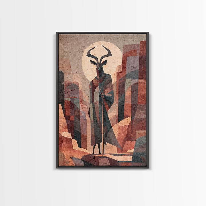 Antelope Mask Spirit In Abstract Cityscape Canvas Print, African Mask Art, Abstract African Art, Afrocentric Wall Art, Bold Decor