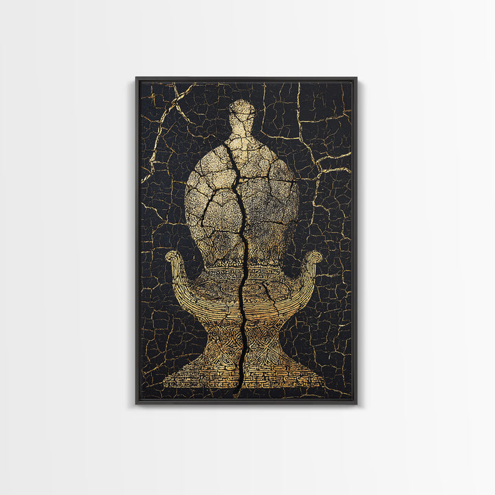 Gold Ancient Figure On Black Cracked Stone Framed Canvas Print, African Sculpture, African Art Decor, Tribal Art Print, Black Art