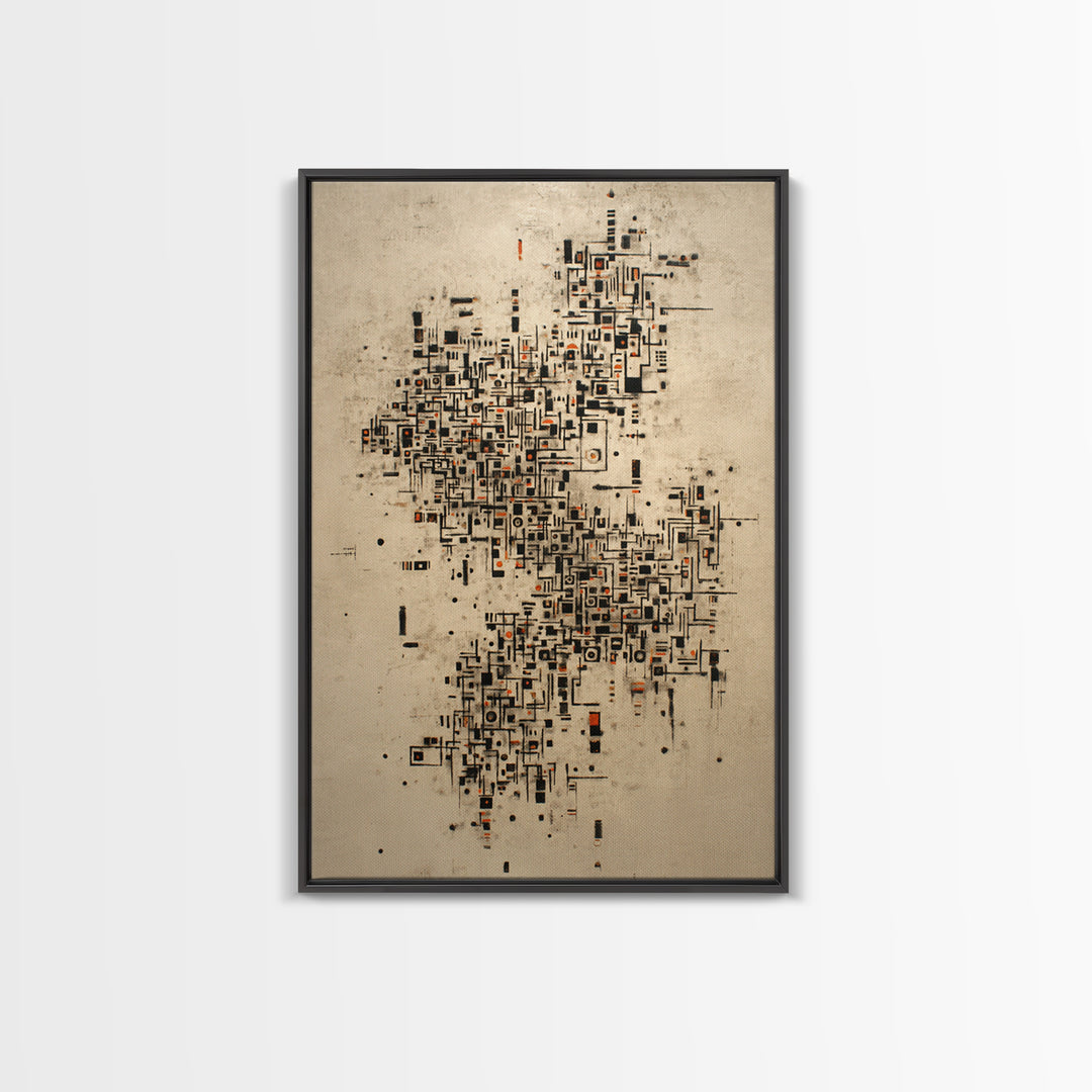 Abstract City Map Wall Art, Beige Black Geometric Canvas Print, Modern African Abstract Art, Office Decor, Urban Artwork