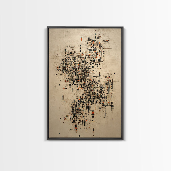 Abstract City Map Wall Art, Beige Black Geometric Canvas Print, Modern African Abstract Art, Office Decor, Urban Artwork