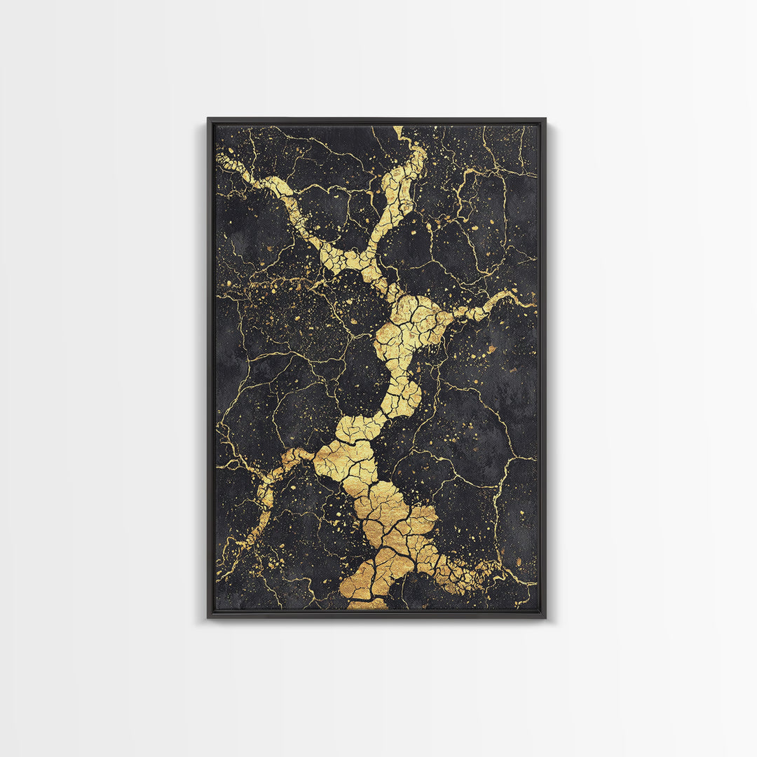 Black Gold Cracked Abstract Wall Art, Marble Texture Canvas Print, Luxury Modern Art, Earth Tone Home Decor Artwork Gift