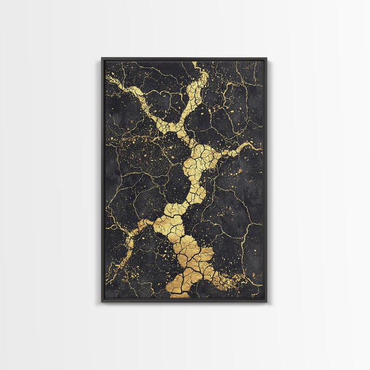 Black Gold Cracked Abstract Wall Art, Marble Texture Canvas Print, Luxury Modern Art, Earth Tone Home Decor Artwork Gift
