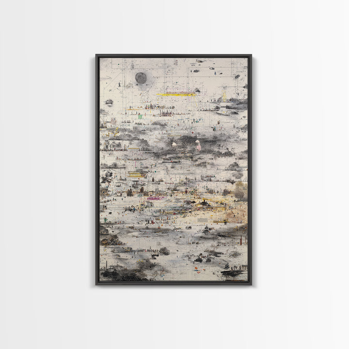 Abstract Monochrome City Grid With Tiny Figures Wall Art, Modern African Inspired Urban Map, Neutral Gallery Home Decor Print