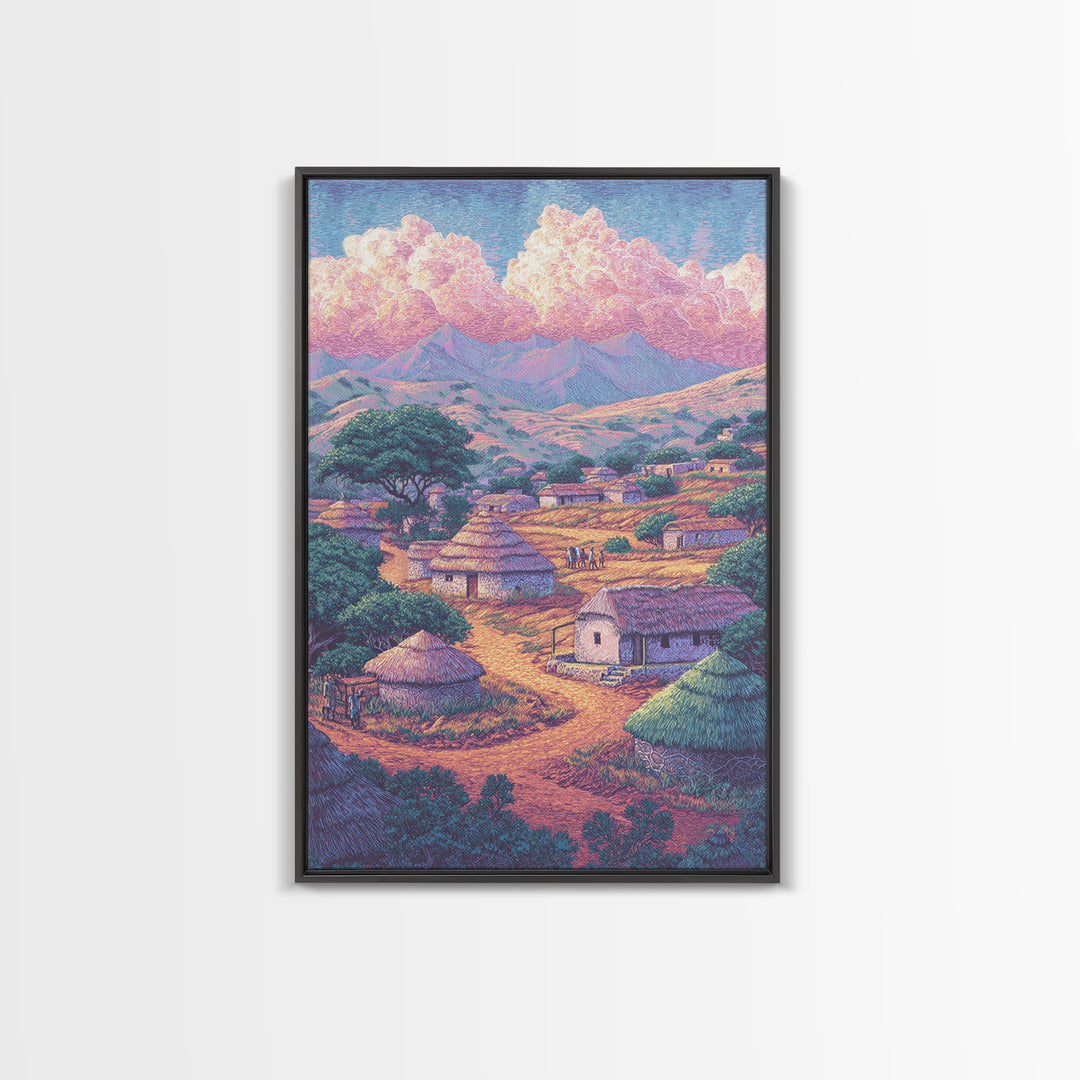 Colorful African Village Huts Beneath Pink Clouds Canvas Print, Mountain Landscape, Cultural Home Decor, Motherland Wall Art