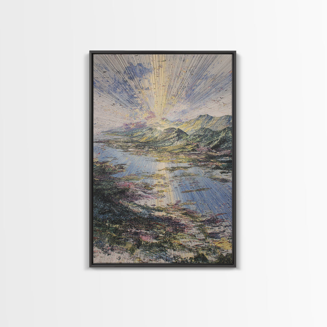 Radiant Sunrise Over African Lake And Mountains Framed Canvas Print, Abstract Landscape Wall Art, Dreamy Nature Home Decor