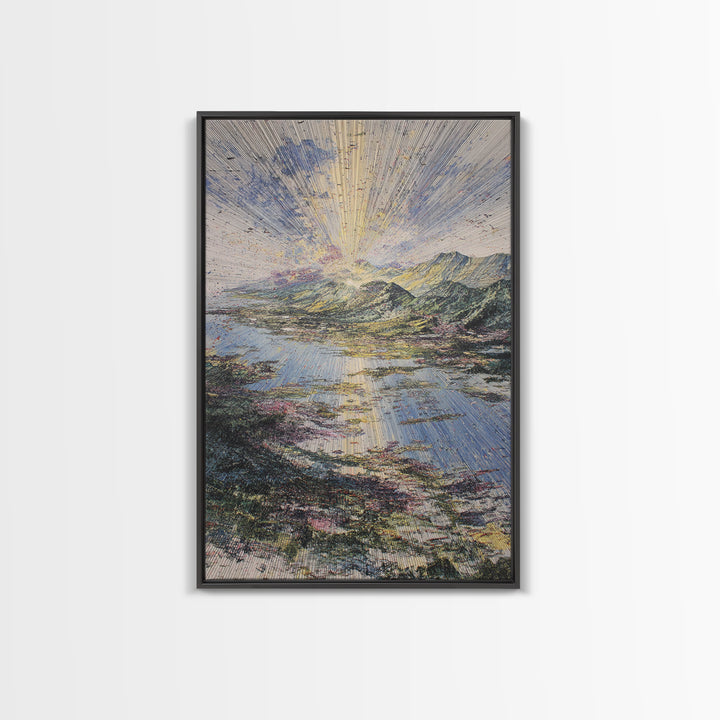 Radiant Sunrise Over African Lake And Mountains Framed Canvas Print, Abstract Landscape Wall Art, Dreamy Nature Home Decor