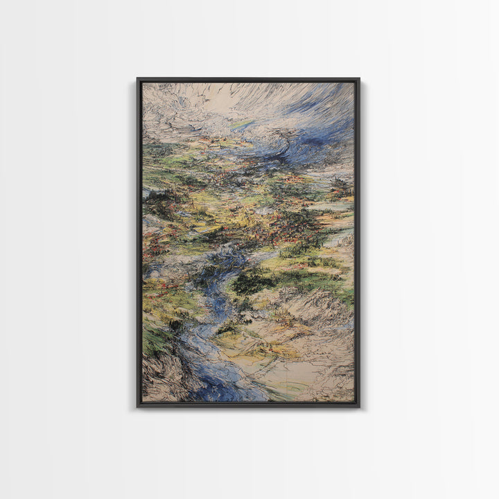 Sweeping River Valley And Mountain Village Wall Art, African Landscape Canvas Print, Textured Nature Scene For Living Room