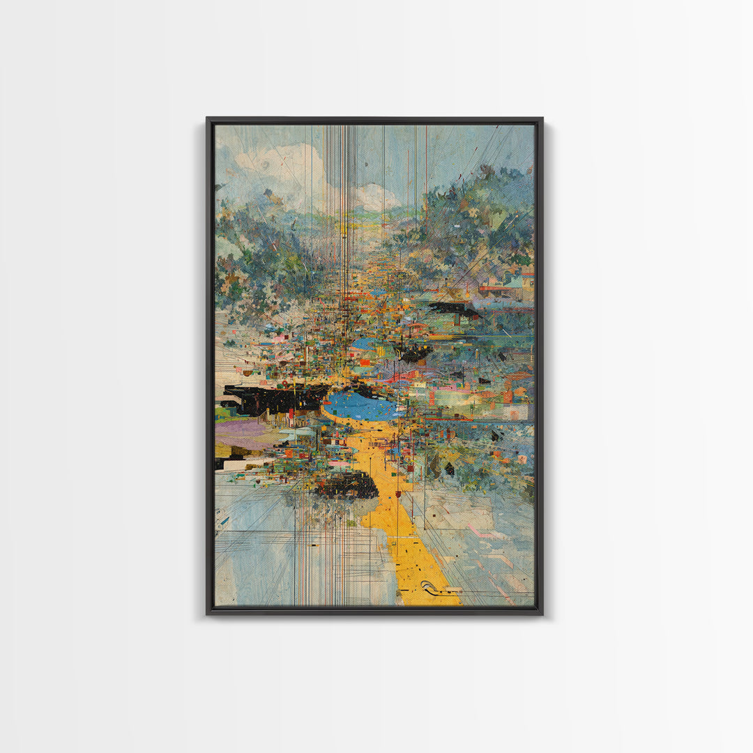 Abstract Riverside City With Golden Path Wall Art, Modern African Inspired Landscape Canvas Print, Colorful Home Decor Gift