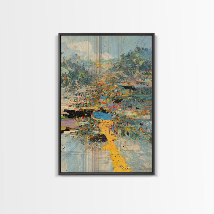 Abstract Riverside City With Golden Path Wall Art, Modern African Inspired Landscape Canvas Print, Colorful Home Decor Gift