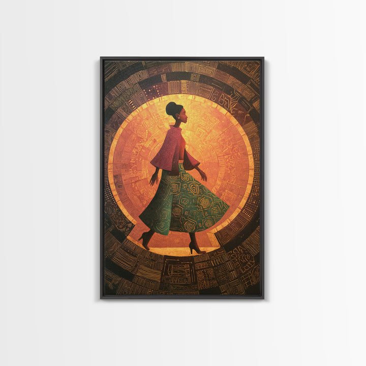 Elegant African Woman In Green Patterned Skirt Wall Art, Golden Halo Canvas Print, Afrocentric Black Beauty Home Decor Gift