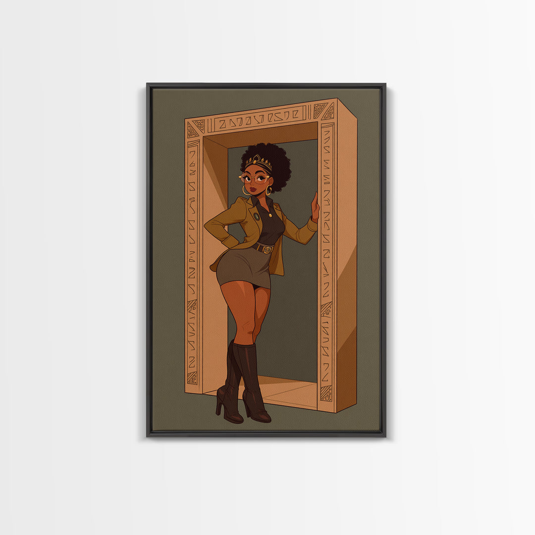 Stylish Black Queen In Carved Doorway Canvas Print, African American Comic Wall Art, Empowered Woman Fashion Home Decor Gift