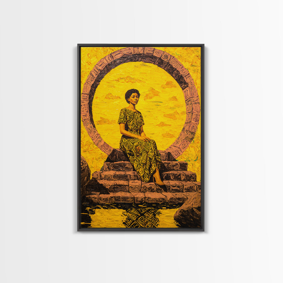 Golden African Woman By Sacred Stone Arch Canvas Print, Afrocentric Wall Decor, Black Queen Portrait, Ankara Home Decor Gift
