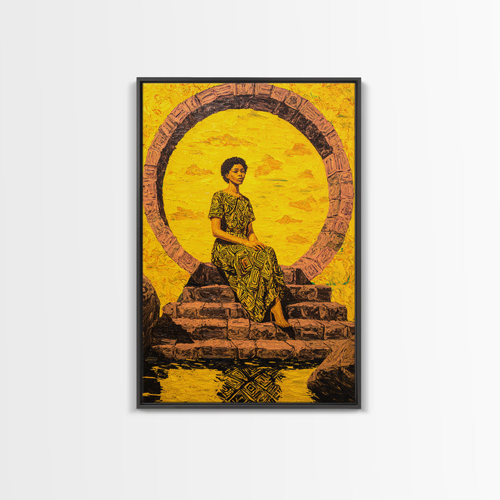 Golden African Woman By Sacred Stone Arch Canvas Print, Afrocentric Wall Decor, Black Queen Portrait, Ankara Home Decor Gift