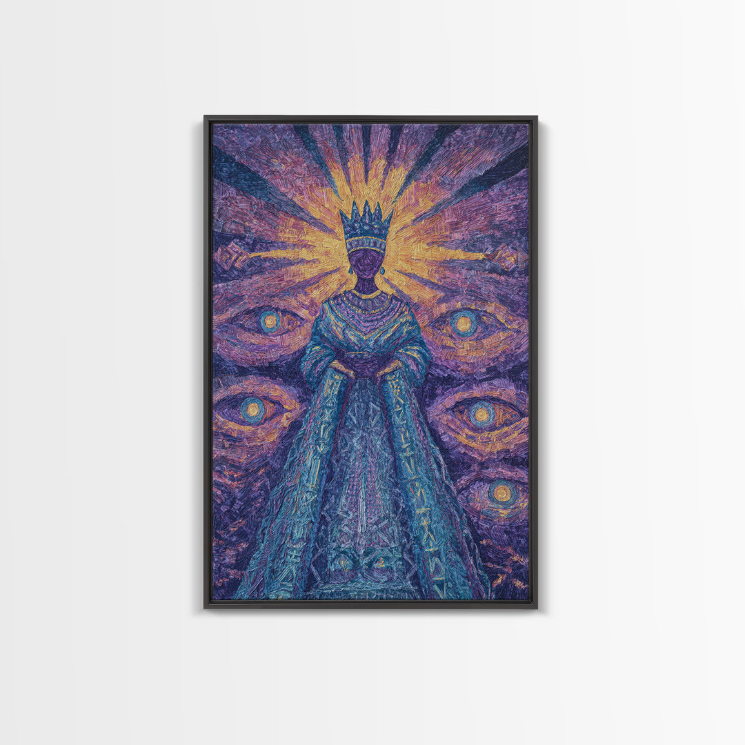 Mystical African Queen With Radiant Eyes Framed Canvas Print, Afrocentric Wall Art, Black Goddess Portrait, Spiritual Decor