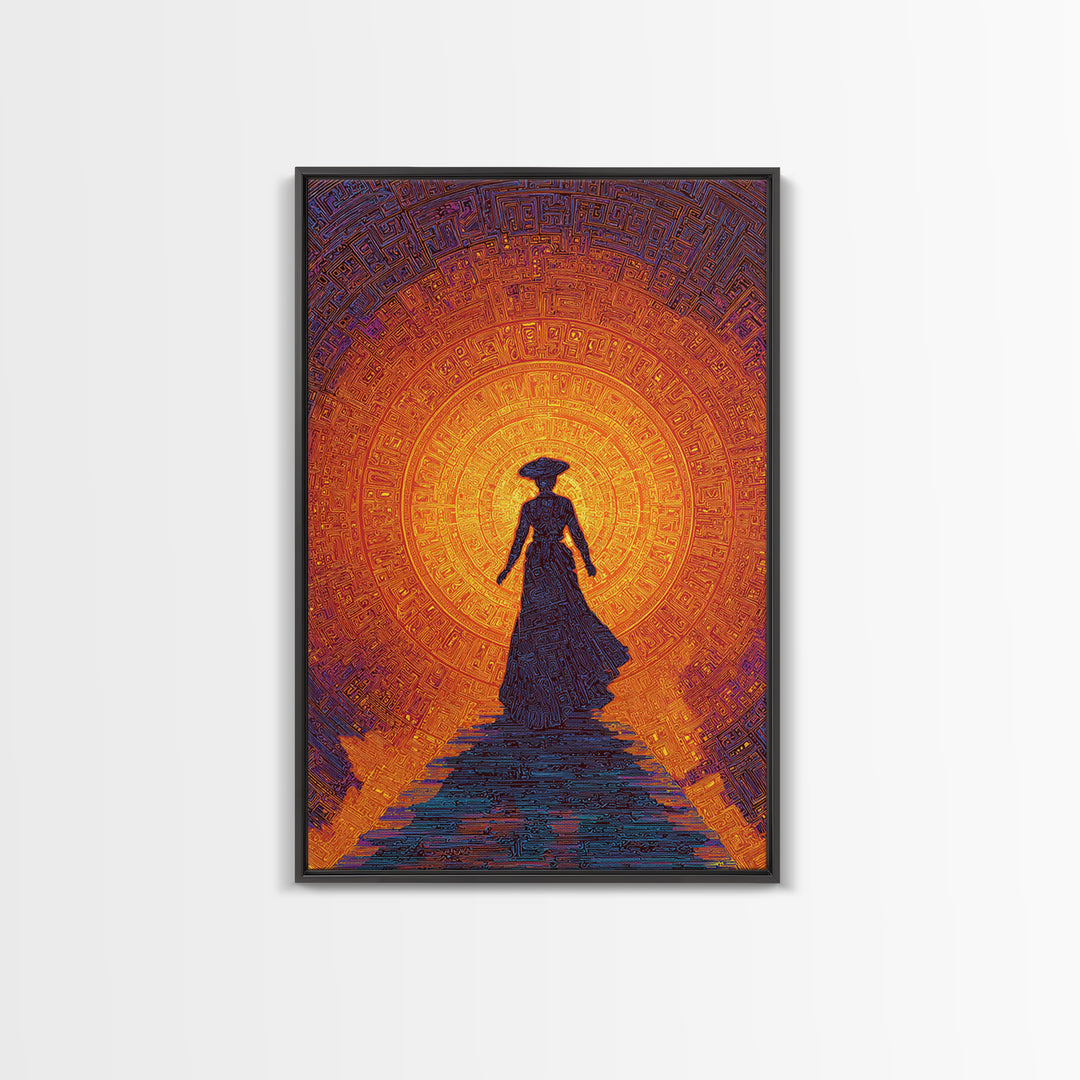 Silhouette Woman Before Sun Mandala Canvas Print, African Inspired Wall Decor, Burnt Orange Art, Feminine Spiritual Gift