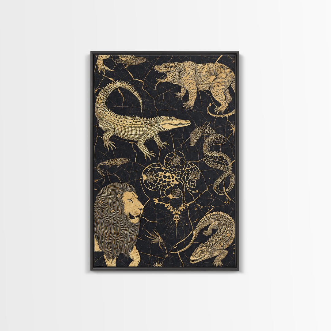 Gold Engraved Safari Animals Wall Art, African Animal Art, Tribal Wildlife Decor, Lion Crocodile Snake Canvas Print Style