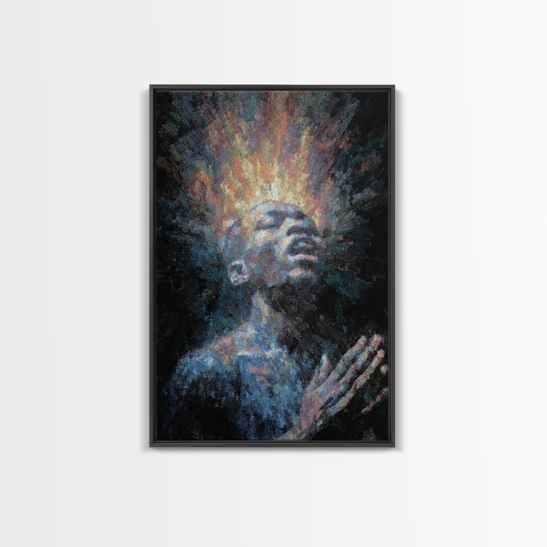 Praying Black Man With Radiant Spirit Framed Canvas Print, African American Art, Afrocentric Wall Decor, Meditation Gift