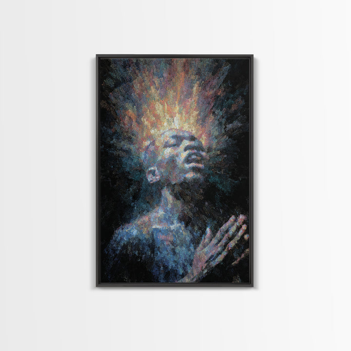Praying Black Man With Radiant Spirit Framed Canvas Print, African American Art, Afrocentric Wall Decor, Meditation Gift