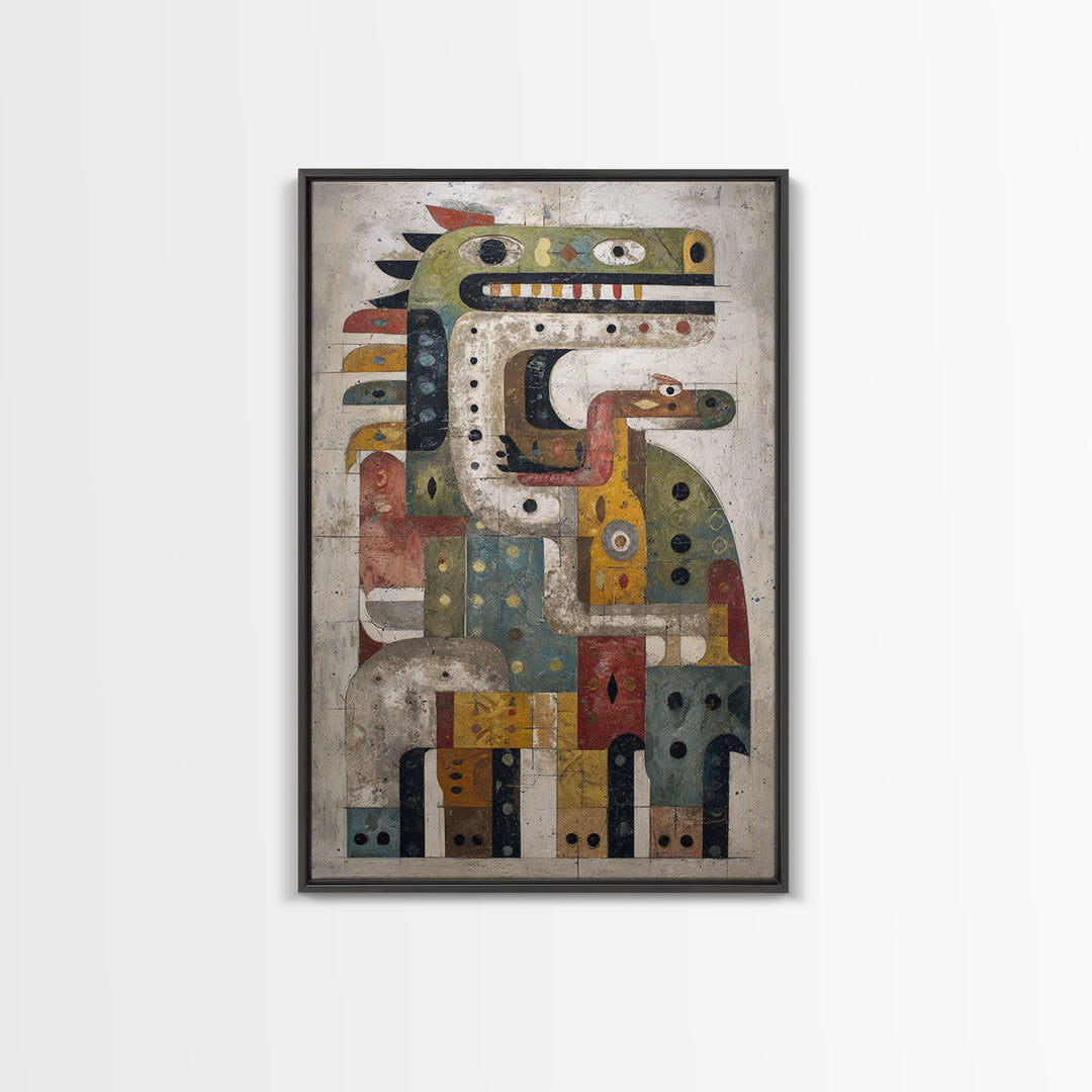 Geometric Tribal Bird Creature Canvas Print, Abstract African Art, Ethnic Wall Decor, Modern Cubism For Boho Home Decor Gift
