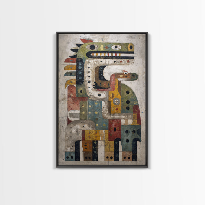 Geometric Tribal Bird Creature Canvas Print, Abstract African Art, Ethnic Wall Decor, Modern Cubism For Boho Home Decor Gift
