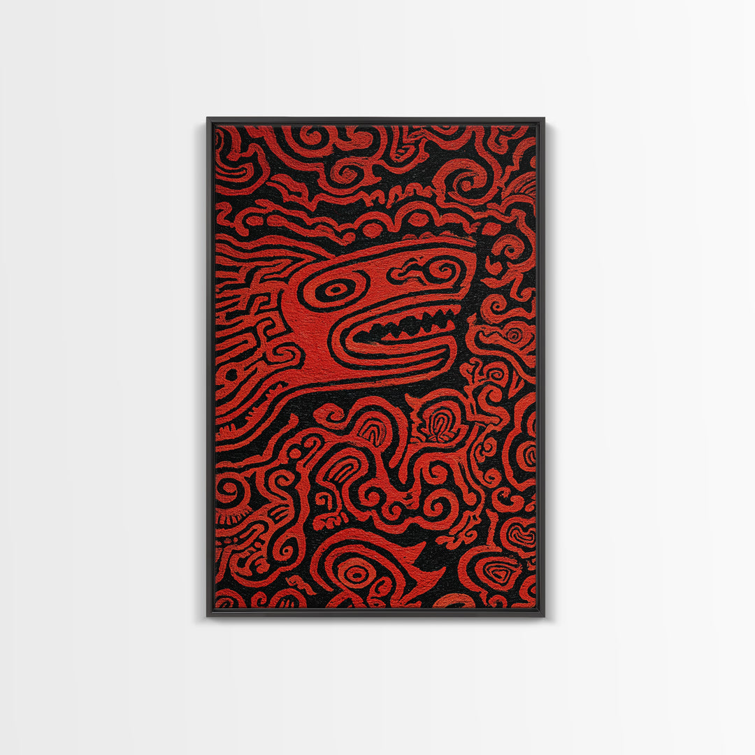 Red Tribal Lizard Pattern Wall Art, African Abstract Textile Art, Bold Ethnic Decor, Modern Black And Red Canvas Design Gift