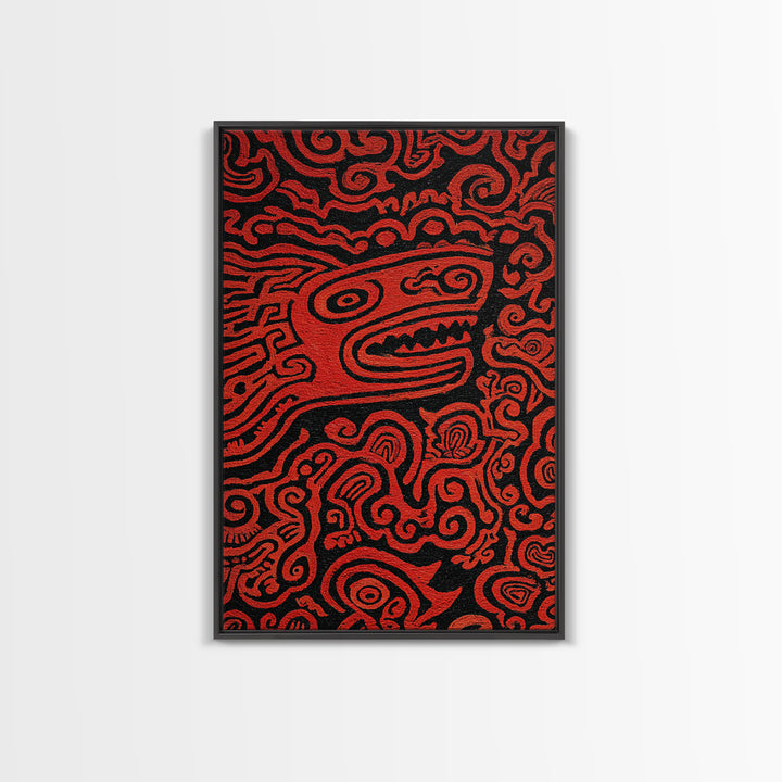Red Tribal Lizard Pattern Wall Art, African Abstract Textile Art, Bold Ethnic Decor, Modern Black And Red Canvas Design Gift