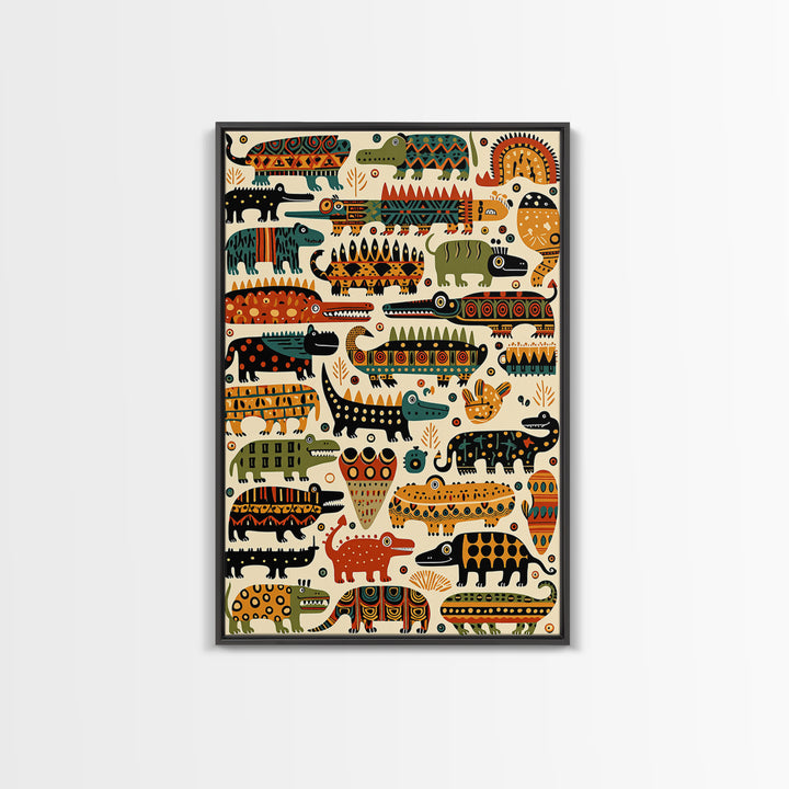 Whimsical Crocodile Pattern Canvas Print, Colorful African Animal Art, Kids Room Wall Decor, Tribal Safari Nursery Art Gift