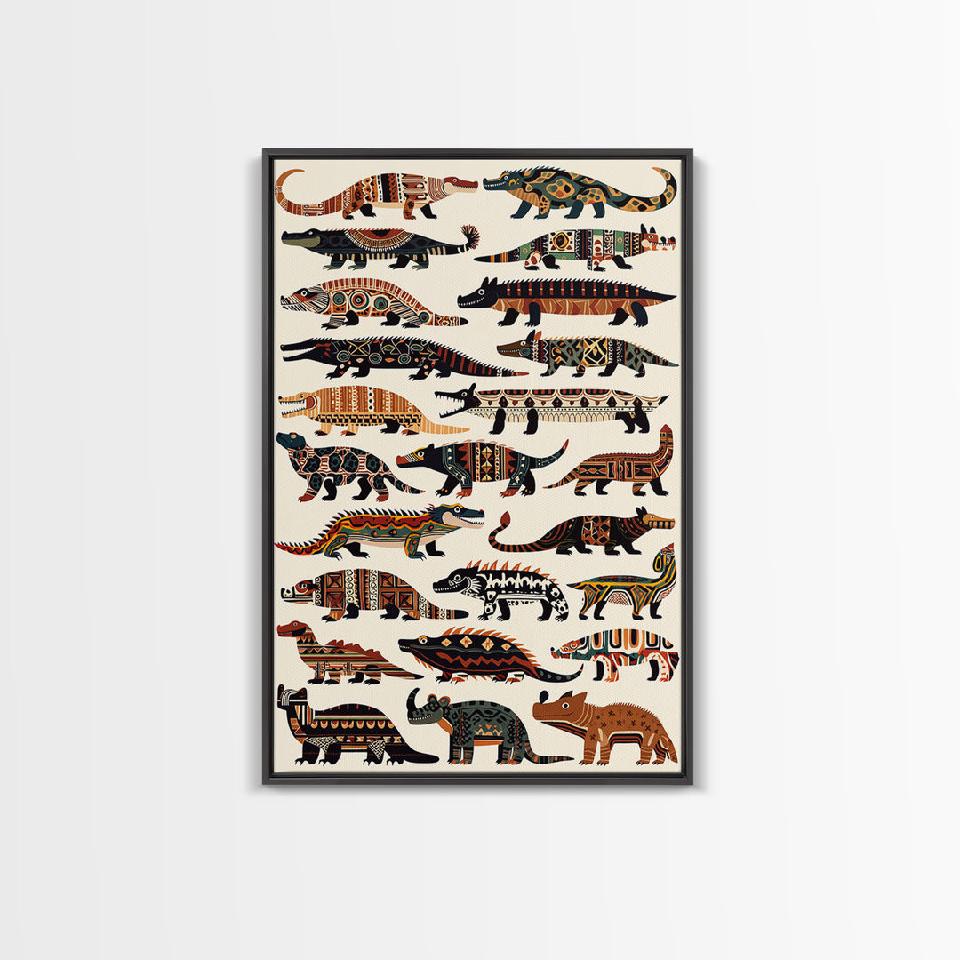 Tribal Crocodile Collection Canvas Print, African Animal Art, Patterned Safari Wall Decor, Boho Kids Room Decor Gift For Him