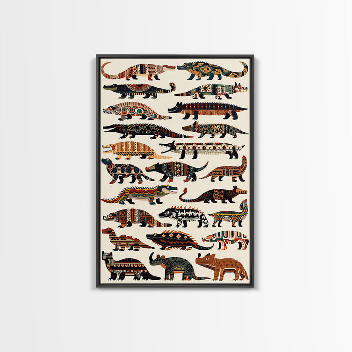 Tribal Crocodile Collection Canvas Print, African Animal Art, Patterned Safari Wall Decor, Boho Kids Room Decor Gift For Him