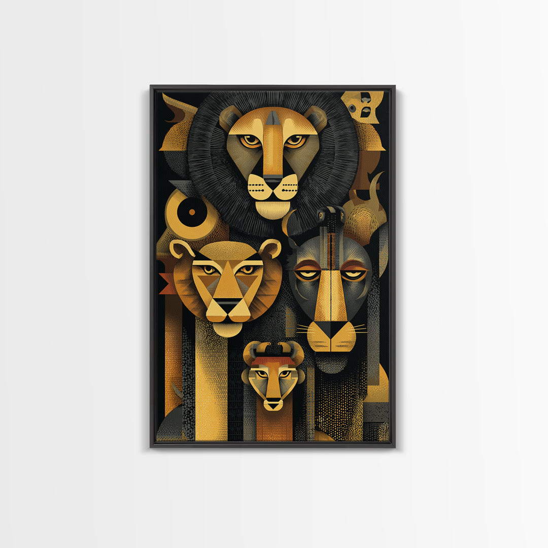 Black And Gold Lion Family Wall Art, Modern African Safari Art, Geometric Animal Portrait, Luxury Canvas Living Room Decor