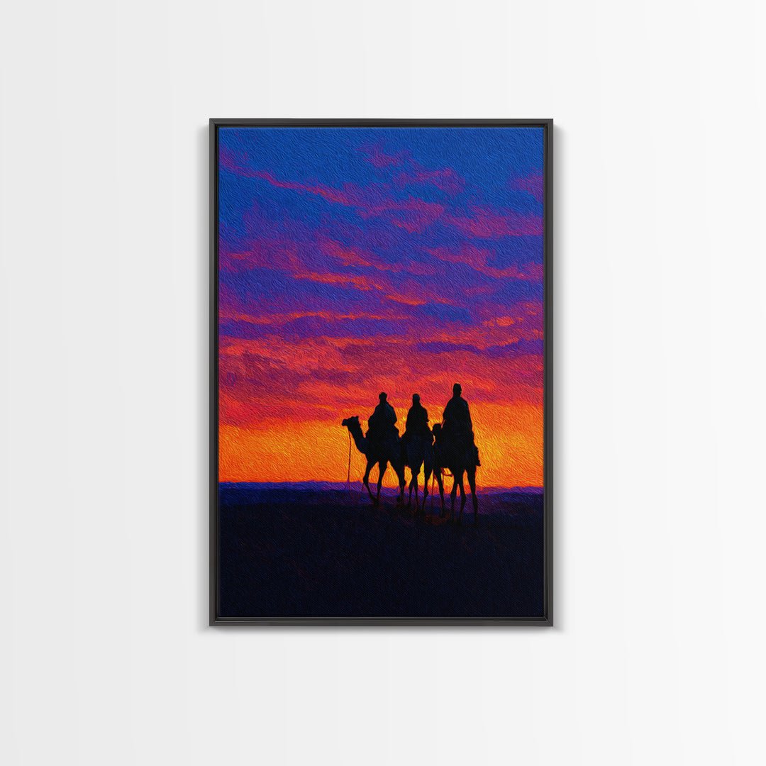 Camel Caravan At Sunset Wall Art, African Landscape Print, Desert Travel Decor, Boho Safari Canvas For Living Room Art Gift