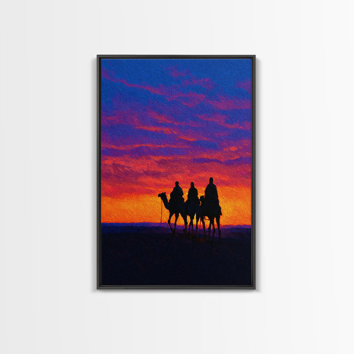 Camel Caravan At Sunset Wall Art, African Landscape Print, Desert Travel Decor, Boho Safari Canvas For Living Room Art Gift