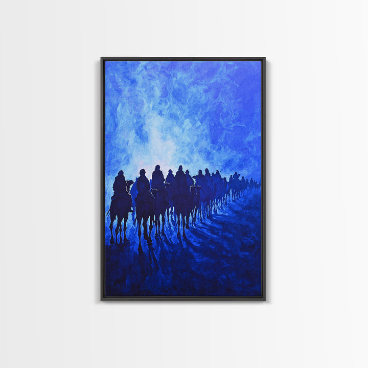 Blue Desert Horse Caravan Canvas Print, African Landscape Art, Sahara Travel Wall Decor, Dreamy Blue Painting For Living Room