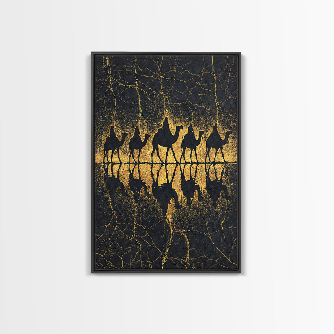 Gold Camel Caravan Reflection Wall Art, African Safari Art Print, Black Gold Desert Decor, Luxury Canvas For Living Room