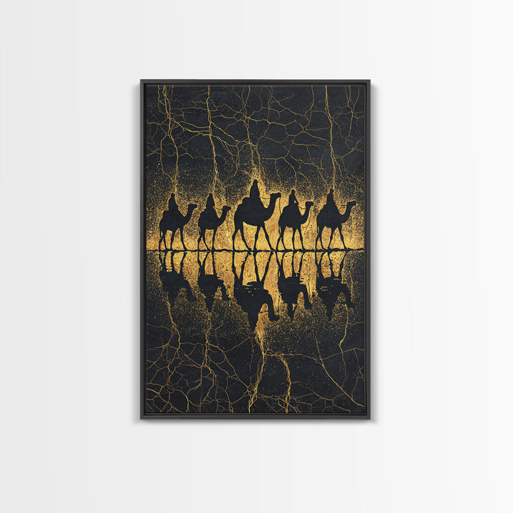 Gold Camel Caravan Reflection Wall Art, African Safari Art Print, Black Gold Desert Decor, Luxury Canvas For Living Room