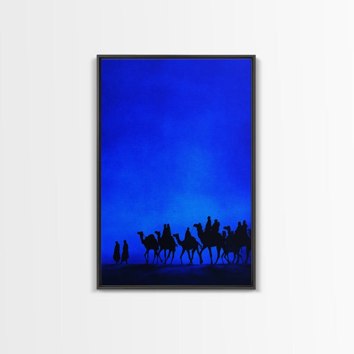Blue Desert Camel Caravan Canvas Print, African Travel Poster, Modern Safari Wall Decor, Minimalist Blue Bedroom Art Gift