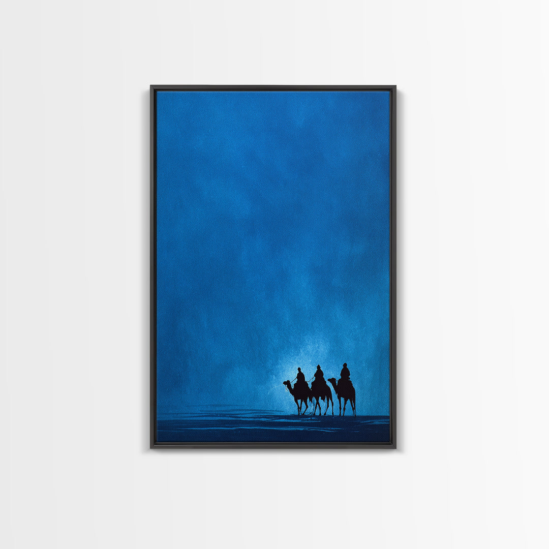 Three Blue Camel Riders Wall Art, African Safari Art Print, Serene Desert Landscape, Modern Canvas Decor For Living Room