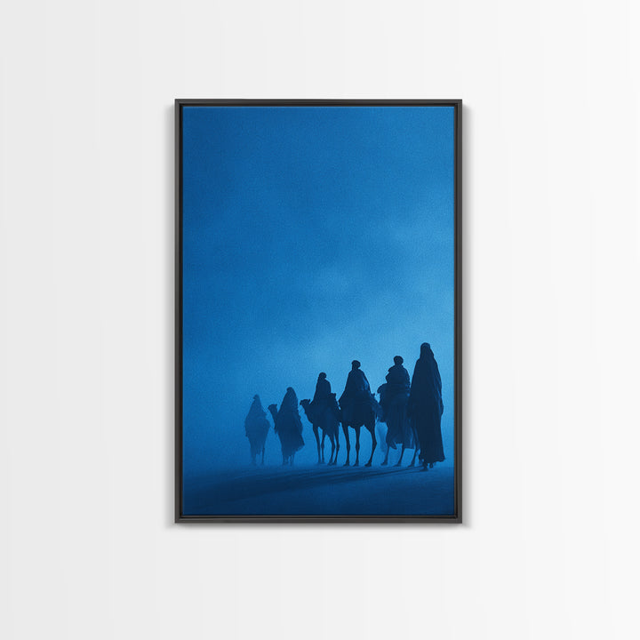 Misty Blue Tuareg Caravan Framed Canvas Print, African Travel Wall Art, Sahara Desert Decor, Boho Bedroom Artwork Gift For Home