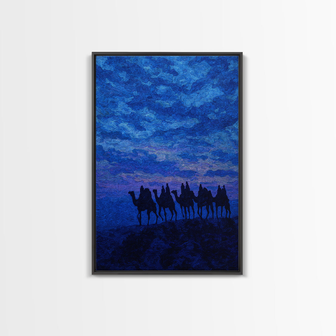 Textured Blue Camel Caravan Wall Art, African Painting Print, Dramatic Desert Sky Decor, Modern Canvas For Office Living Room